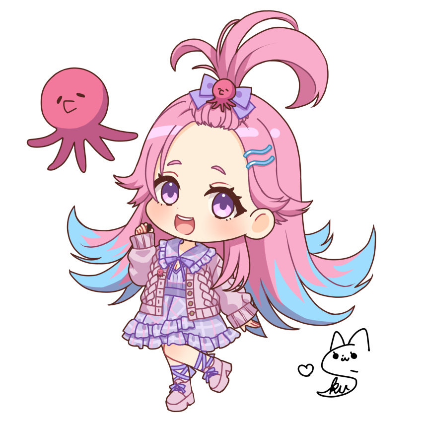 1girl :d bangs_pinned_back blue_hair bow breasts cleavage commentary_request commission copyright_request dress forehead gradient_hair hair_bow hair_ornament hairclip hand_up highres holding jacket kurono_kito long_hair long_sleeves multicolored_hair octopus_hair_ornament open_clothes open_jacket pink_footwear pink_hair pink_jacket puffy_long_sleeves puffy_sleeves purple_bow purple_dress purple_eyes shoes short_eyebrows signature simple_background skeb_commission sleeves_past_wrists small_breasts smile solo standing standing_on_one_leg thick_eyebrows very_long_hair virtual_youtuber white_background