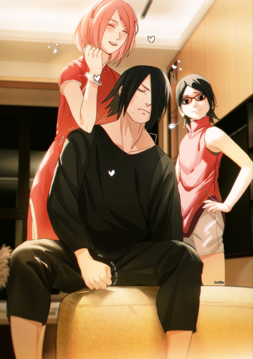 1boy 2girls absurdres amputee black_eyes black_hair black_shirt boruto:_naruto_next_generations clenched_hand closed_eyes commentary family frown glasses hair_over_one_eye hairband hand_on_hip haruno_sakura highres husband_and_wife multiple_girls naruto_(series) niku_(ni23ku) pink_hair red_hairband shirt shoulder_massage sitting twitter_username uchiha_sarada uchiha_sasuke