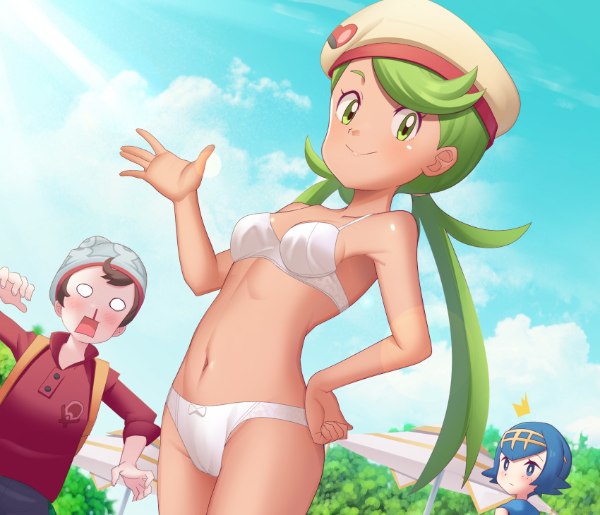 1boy 2girls ^^^ bangs beanie blood blue_eyes blue_hair bra breasts bright_pupils brown_hair buttons chef_hat closed_mouth cloud collared_shirt commentary_request day gazing_eye green_eyes green_hair grey_headwear hairband hand_on_hip hand_up hat highres lana_(pokemon) long_hair looking_at_viewer mallow_(palentine's_2023)_(pokemon) mallow_(pokemon) multiple_girls navel no_sclera nosebleed o_o official_alternate_costume outdoors panties pokemon pokemon_(game) pokemon_masters_ex pokemon_sm pokemon_swsh red_shirt shirt short_hair sky smile swept_bangs twintails underwear victor_(pokemon) white_bra white_panties white_pupils yellow_hairband