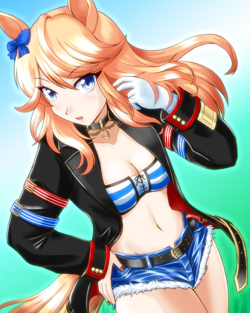 1girl absurdres animal_ears bandeau belt black_belt black_choker black_jacket blonde_hair blue_bow blue_eyes blue_nails bow breasts choker cleavage commentary_request cowboy_shot cutoffs denim denim_shorts gloves gold_city_(umamusume) hair_bow hand_on_hip highres horse_ears jacket long_hair long_sleeves looking_at_viewer nail_polish negimura_kisara open_clothes open_jacket open_mouth red_nails short_shorts shorts single_glove solo standing strapless striped_bandeau thighs tube_top umamusume white_gloves