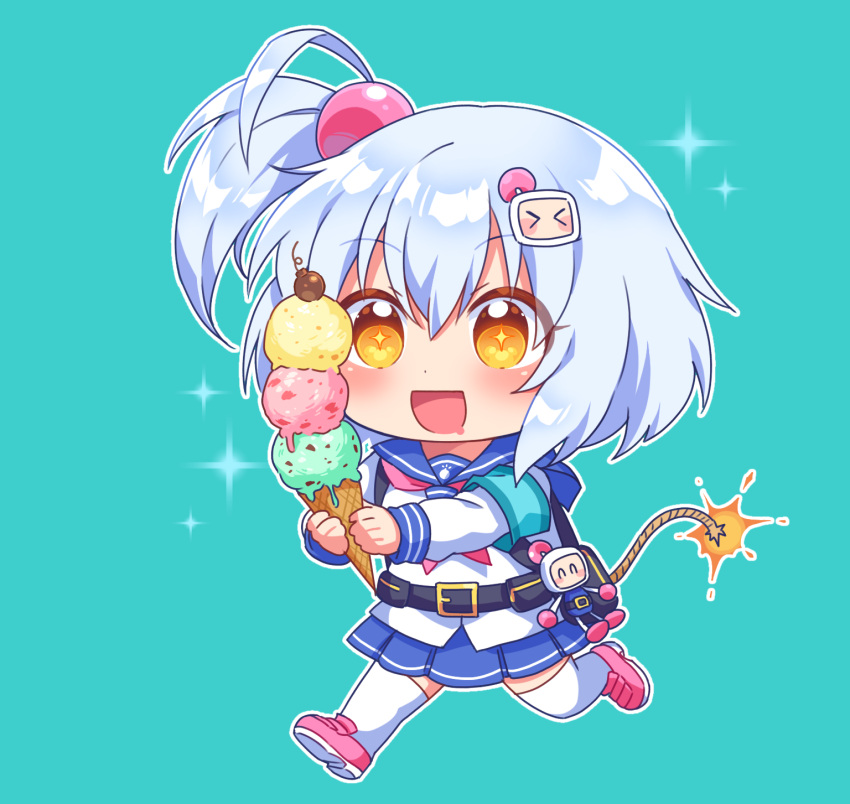 1girl :d armband bangs blue_background blue_sailor_collar blue_skirt bombergirl chibi drooling food grey_hair hair_between_eyes hair_ornament highres holding holding_food ice_cream ice_cream_cone kaoling lit_fuse loafers long_sleeves mouth_drool neckerchief one_side_up orange_eyes pink_footwear pink_neckerchief pleated_skirt running sailor_collar school_uniform serafuku shiro_(bombergirl) shirt shoes simple_background skirt smile solo thighhighs triple_scoop white_shirt white_thighhighs