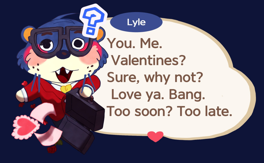 &lt;3 2023 animal_crossing anthro biped blue_body blush briefcase clothing dialogue english_text eyewear glasses hi_res high_rhulain holidays lyle_(animal_crossing) mammal mustelid necktie nintendo otter question_mark shirt solo text topwear valentine's_day