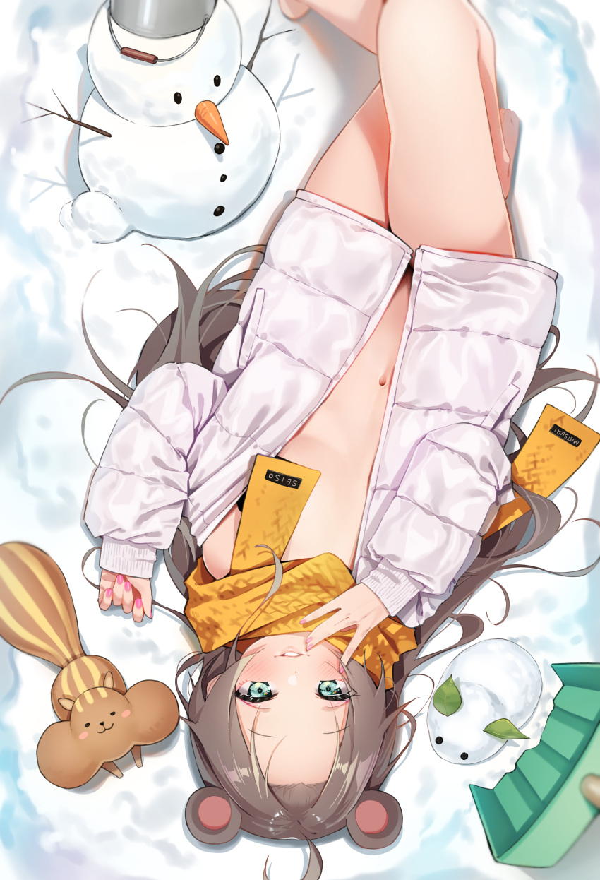 1girl absurdres agnamore animal animal_ears bangs barefoot bottomless brown_hair feet_out_of_frame forehead green_eyes highres hololive jacket long_hair lying naked_jacket natsuiro_matsuri navel off_shoulder on_back on_ground open_clothes open_jacket parted_bangs scarf snow snow_bunny snowman solo squirrel very_long_hair virtual_youtuber white_jacket yellow_scarf