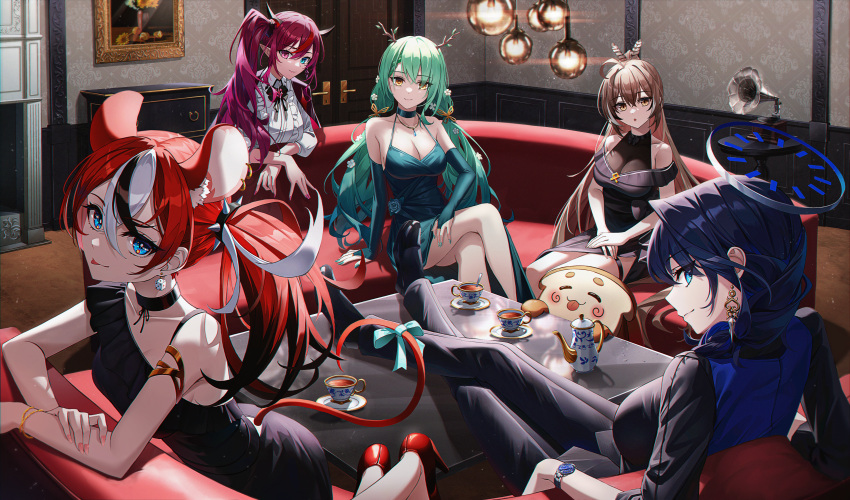 5girls absurdres ahoge alternate_costume animal_ears black_hair blue_eyes breasts bridal_gauntlets brown_eyes brown_hair ceres_fauna cleavage cocktail_dress cup dice_earrings dress earrings feather_hair_ornament feathers feet_on_table formal green_hair green_nails hair_ornament hakos_baelz halo heterochromia highres holocouncil hololive hololive_english horns irys_(hololive) jewelry large_breasts long_hair low_twintails mouse_ears mouse_girl mouse_tail multicolored_hair multiple_girls nanashi_mumei ouro_kronii phonograph pointy_ears purple_eyes purple_hair red_hair sanallite_(tsukumo_sana) side_ponytail sitting smile star-ring streaked_hair suit tail tea teacup teapot twintails two-tone_hair virtual_youtuber watch white_hair wristwatch yellow_eyes