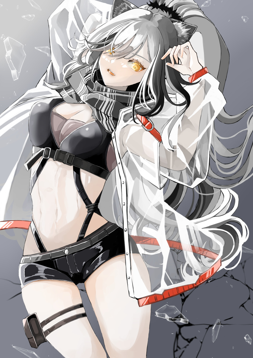 1girl absurdres arknights black_scarf black_shorts breasts cleavage commentary_request crop_top grey_background grey_hair hair_over_one_eye highres jacket large_breasts long_hair long_sleeves looking_at_viewer midriff navel nirutaro open_clothes open_jacket open_mouth partial_commentary scarf schwarz_(arknights) short_shorts shorts solo stomach thigh_strap thighs very_long_hair white_jacket yellow_eyes