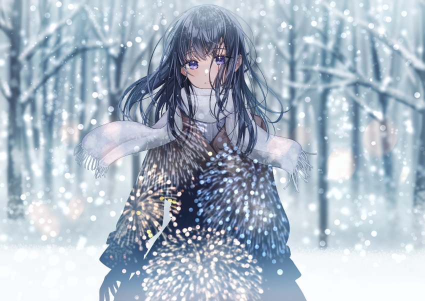 1girl absurdres arms_at_sides bangs black_hair blurry blurry_background brown_coat coat commentary_request fireworks hair_between_eyes highres long_hair looking_at_viewer original parted_lips purple_eyes sakura_(39ra) scarf scenery snow snowing solo standing tree white_scarf winter winter_clothes