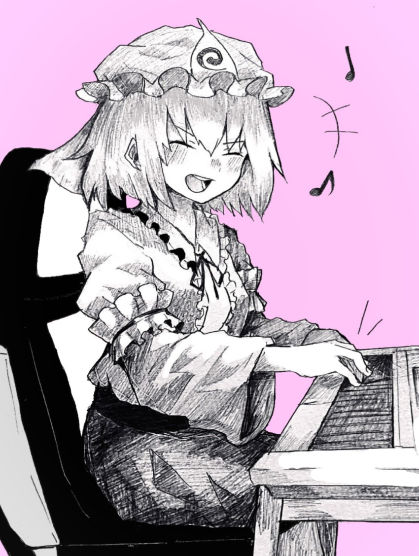 +++ 1girl bangs blush center_frills chair closed_eyes commentary_request eighth_note feet_out_of_frame fingernails frilled_kimono frilled_shirt_collar frills from_side hakurou_hokuto happy hat hatching_(texture) highres instrument japanese_clothes keyboard_(instrument) kimono long_sleeves mob_cap monochrome music musical_note neck_ribbon obi on_chair open_mouth pink_background playing_instrument quarter_note ribbon saigyouji_yuyuko sash short_hair simple_background sitting sleeve_garter smile solo spot_color touhou triangular_headpiece wide_sleeves