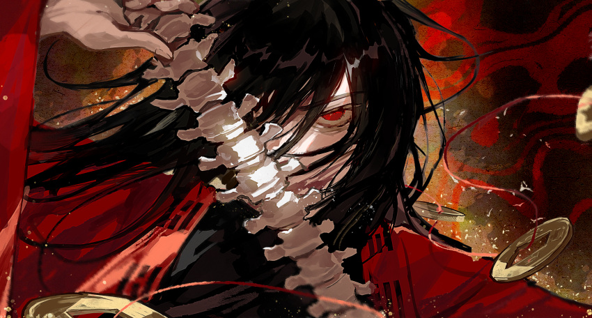 1boy absurdres black_hair blood blood_on_face bone chinese_commentary coin commentary_request covered_mouth dao_gui_yi_xian highres holding holding_bone holed_coin hydrogenbonding li_huowang light_particles long_hair long_sleeves looking_at_viewer male_focus red_eyes sanpaku solo spine v-shaped_eyebrows wide_sleeves