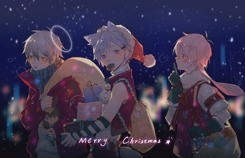 3boys adnachiel_(arknights) amiya_(arknights) animal_ear_fluff animal_ears ansel_(arknights) arknights blush breath candy candy_cane character_doll closed_mouth doughnut finger_to_mouth food fox_ears fox_tail gift gloves green_gloves green_scarf grey_hair hair_between_eyes halo hand_up hat highres holding holding_gift holding_sack holding_stuffed_toy jacket lili3639 looking_ahead looking_at_viewer male_focus melantha_(arknights) merry_christmas mouth_hold multiple_boys open_clothes open_jacket pink_hair purple_eyes purple_hair rabbit_ears red_eyes red_headwear red_jacket red_ribbon red_vest ribbon sack santa_hat scarf shirt short_hair shushing snowing steward_(arknights) stuffed_toy sweatdrop tail vest white_shirt yellow_eyes