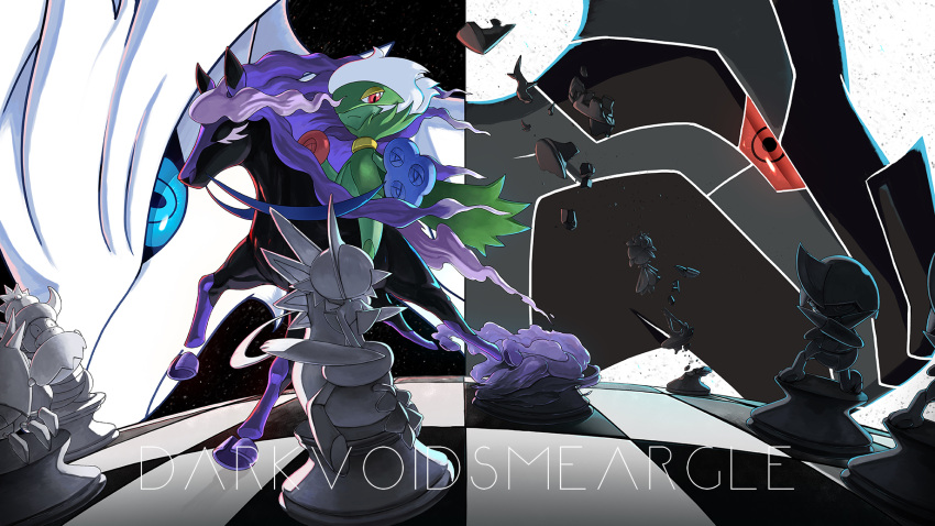 artist_name board_game broken chess chess_piece chessboard closed_mouth commentary corphish darkvoiddoble frown gallade glastrier highres lilligant looking_down no_humans pawniard pokemon pokemon_(creature) reshiram riding riding_pokemon roserade sitting slowking spectrier zekrom