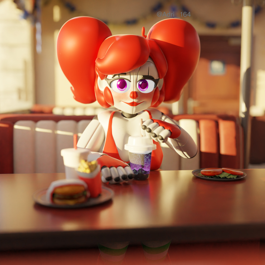 &lt;3 &lt;3_eyes absurd_res adri164 beverage bubble_tea burger circus_baby_(fnaf) female five_nights_at_freddy's flushed food fries hair hi_res lipstick long_stockings looking_at_viewer makeup male male/female purple_eyes red_hair scottgames shy striped_stocks white_body