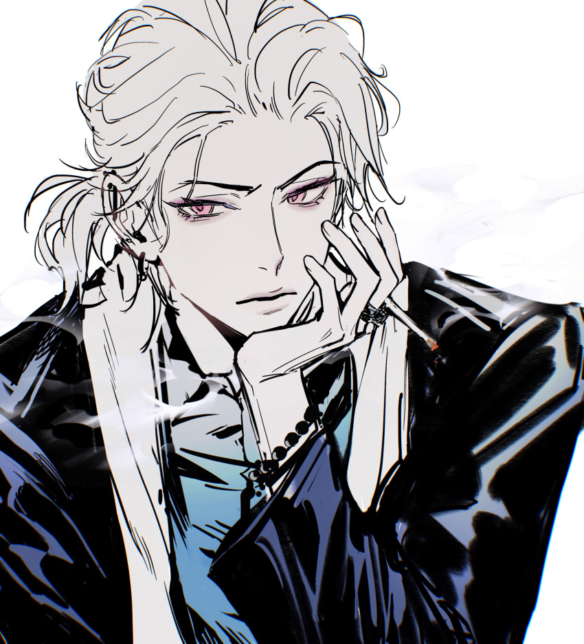 1boy absurdres aohitsugi_samatoki argentum_1121 black_jacket cigarette closed_mouth facing_viewer half_updo head_rest highres holding holding_cigarette hypnosis_mic jacket long_sleeves looking_to_the_side male_focus ponytail red_eyes short_hair sketch solo white_background white_hair