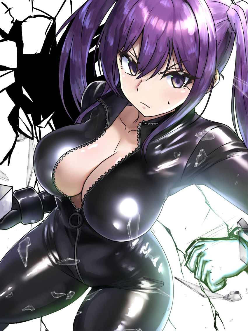 1girl absurdres bangs black_bodysuit black_gloves bodysuit breasts cleavage closed_mouth collarbone ebora english_commentary glass_shards gloves hair_between_eyes highres holding_cube kouzaku_mitori large_breasts long_hair official_alternate_costume partially_unzipped purple_eyes purple_hair shattered simple_background solo sweatdrop toaru_kagaku_no_mental_out toaru_kagaku_no_railgun toaru_majutsu_no_index twintails zipper_pull_tab