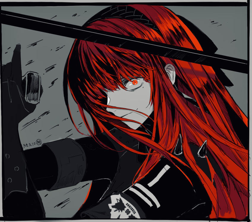 1girl closed_mouth hair_over_one_eye hairband highres hikachil holding holding_weapon long_hair monochrome punishing:_gray_raven red_eyes red_hair spot_color vera_(punishing:_gray_raven) weapon