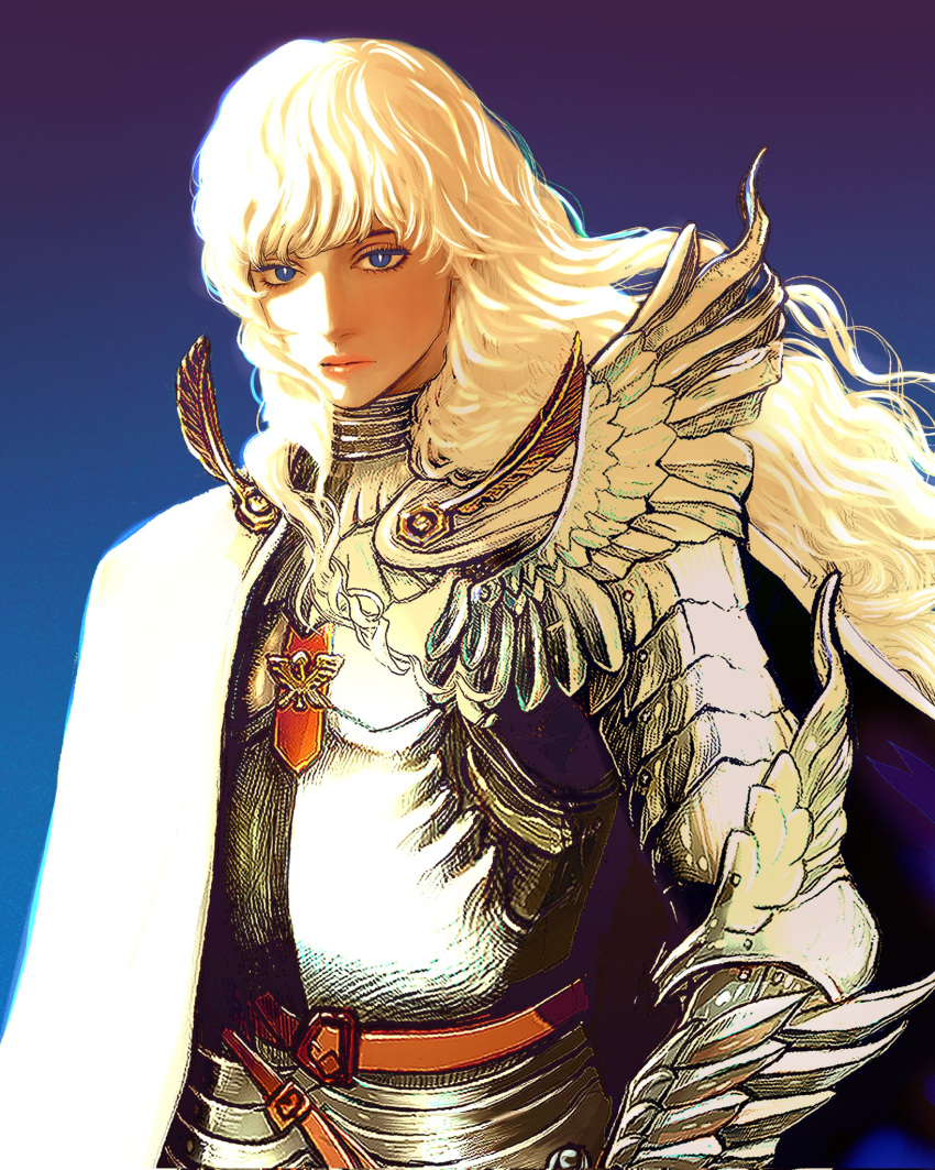 1boy armor berserk cape closed_mouth full_armor gradient_background greaves griffith_(berserk) highres long_hair looking_at_viewer male_focus nisino2222 shoulder_armor solo upper_body wavy_hair white_cape white_hair