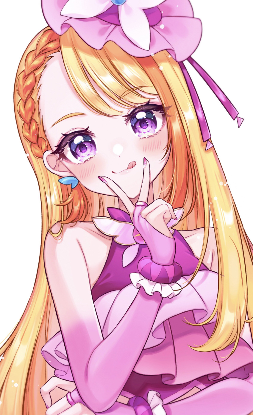1girl :q absurdres blonde_hair blush bridal_gauntlets butterfly_earrings cure_butterfly earrings halterneck highres hijiri_ageha hirogaru_sky!_precure jewelry kuzumochi long_hair magical_girl pink_headwear pink_nails precure purple_eyes solo tongue tongue_out v_over_mouth