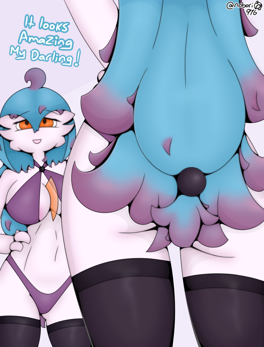 2022 3_fingers absurd_res ahoge big_breasts big_butt blue_hair breasts butt clothing devoid_(nobori) dialogue english_text female fingers gardevoir generation_3_pokemon gradient_hair hair hair_over_eye halloween halloween_costume hands_on_hips hi_res holidays humanoid legwear long_hair low-angle_view nintendo nobori not_furry one_eye_obstructed orange_eyes pokemon pokemon_(species) rear_view reflection shiny_pokemon signature solo text thick_thighs thigh_highs