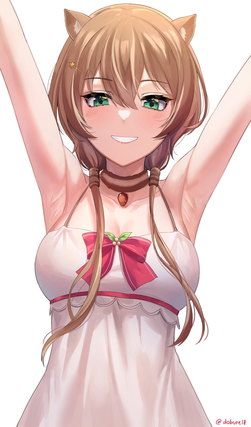 1girl absurdres animal_ears armpits arms_up ayunda_risu breasts brown_hair choker dobure18 dress english_commentary fur_choker green_eyes grin hair_ornament hairclip highres hololive hololive_indonesia long_hair low_twintails medium_breasts simple_background sleeveless smile solo squirrel_ears squirrel_girl twintails twitter_username virtual_youtuber white_background white_dress