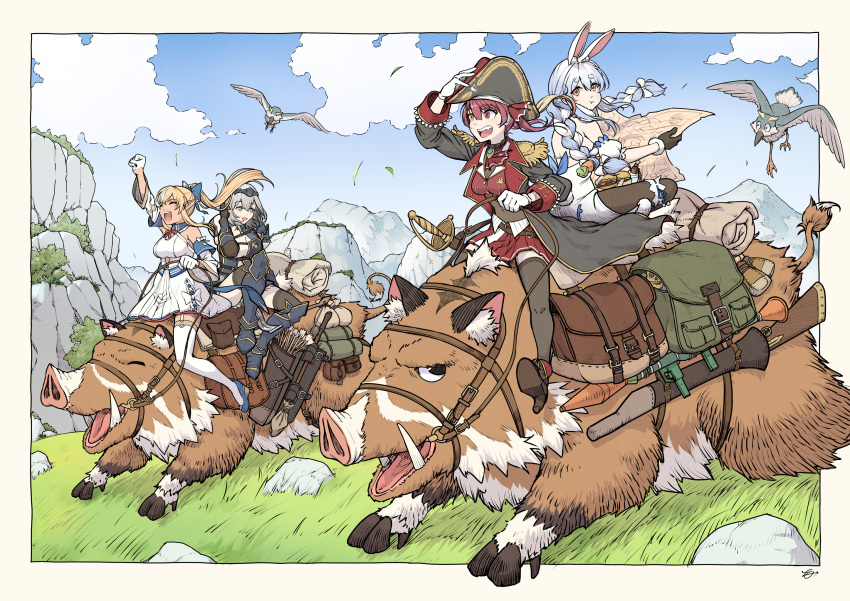 4girls animal_ears arrow_(projectile) bird black_coat black_gloves blonde_hair blue_hair boar braid burger coat dress food gloves grey_hair gun hat high_heels highres hololive houshou_marine map moto_oji-san multiple_girls pirate_hat pointy_ears ponytail quiver rabbit_ears red_hair reins riding rifle rocket_launcher rpg shiranui_flare shirogane_noel sword thighhighs twin_braids twintails usada_pekora virtual_youtuber weapon white_dress white_gloves