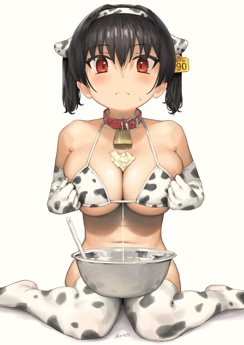 1girl animal_ears animal_print bangs bell between_breasts bikini blush breasts butter closed_mouth collar commentary_request cow_ears cow_print cowbell dated ear_tag elbow_gloves fake_animal_ears food gaki_kyonyuu gloves hairband highres kaedeko_(kaedelic) large_breasts looking_at_viewer navel neck_bell oppai_loli print_bikini print_gloves print_hairband print_thighhighs red_collar red_eyes revision sasaki_kanna_(kaedeko) short_hair signature simple_background sitting solo sweatdrop swimsuit thighhighs twintails white_background white_bikini white_gloves white_hairband white_thighhighs
