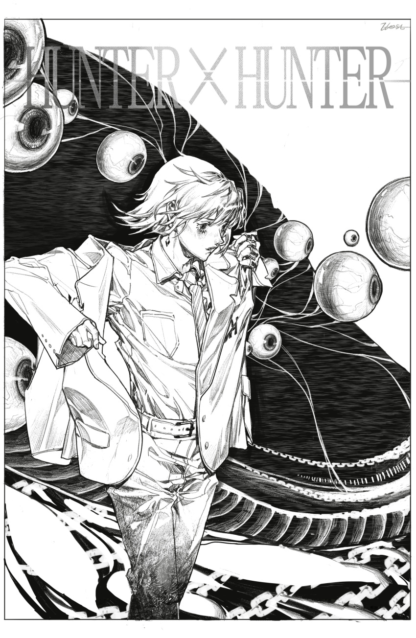 1boy absurdres bangs belt border chain collared_shirt copyright_name cowboy_shot dressing earrings eyeball floating_hair formal greyscale hands_up highres hunter_x_hunter jewelry kurapika llost long_sleeves looking_away male_focus monochrome multiple_rings necktie pants ring shirt shirt_tucked_in short_hair signature striped_necktie suit traditional_media whale