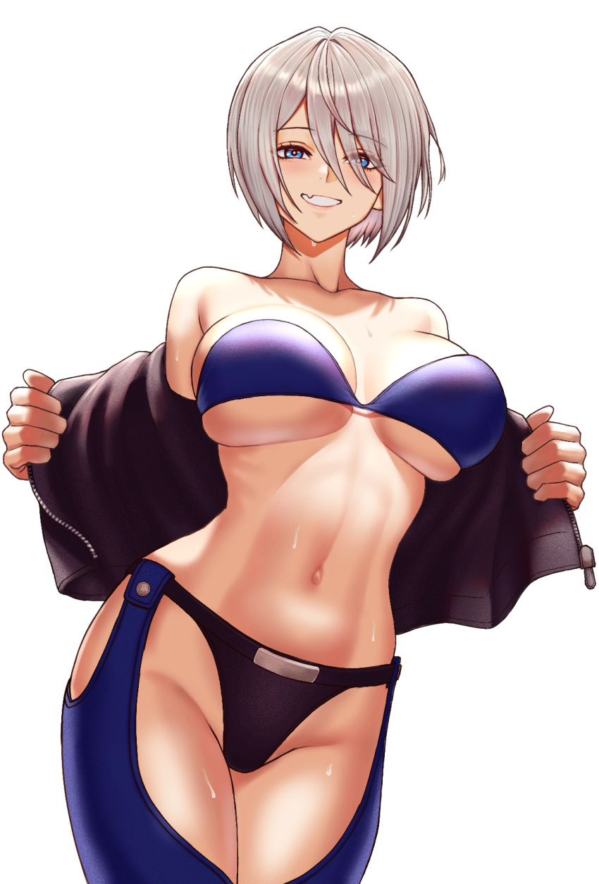 1girl angel_(kof) black_jacket bra breasts chaps cropped_jacket fingerless_gloves gloves hair_between_eyes hair_over_one_eye highres jacket large_breasts leather leather_jacket long_sleeves looking_at_viewer open_clothes open_jacket smile snk solo strapless strapless_bra the_king_of_fighters the_king_of_fighters_xiv toned underwear unzipped yukimune