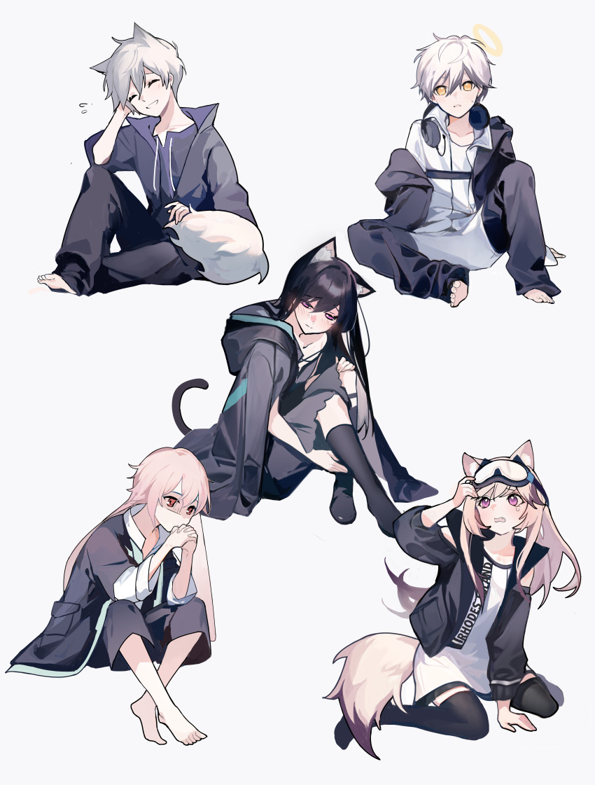 2girls 3boys absurdres adnachiel_(arknights) animal_ear_fluff animal_ears ansel_(arknights) arknights arm_support barefoot beirenjianfendian black_coat black_dress black_hair black_jacket black_shorts black_thighhighs cardigan_(arknights) cat_ears cat_tail chinese_commentary closed_eyes coat commentary_request dog_ears dog_tail dress fang fingernails flying_sweatdrops fox_ears fox_tail goggles goggles_on_head grey_hair hair_between_eyes halo head_rest headphones headphones_around_neck highres jacket long_hair long_sleeves melantha_(arknights) multicolored_hair multiple_boys multiple_girls open_clothes open_jacket own_hands_together pink_eyes pink_hair rabbit_ears red_eyes shirt short_hair shorts simple_background steward_(arknights) streaked_hair tail thighhighs white_background white_shirt yellow_eyes