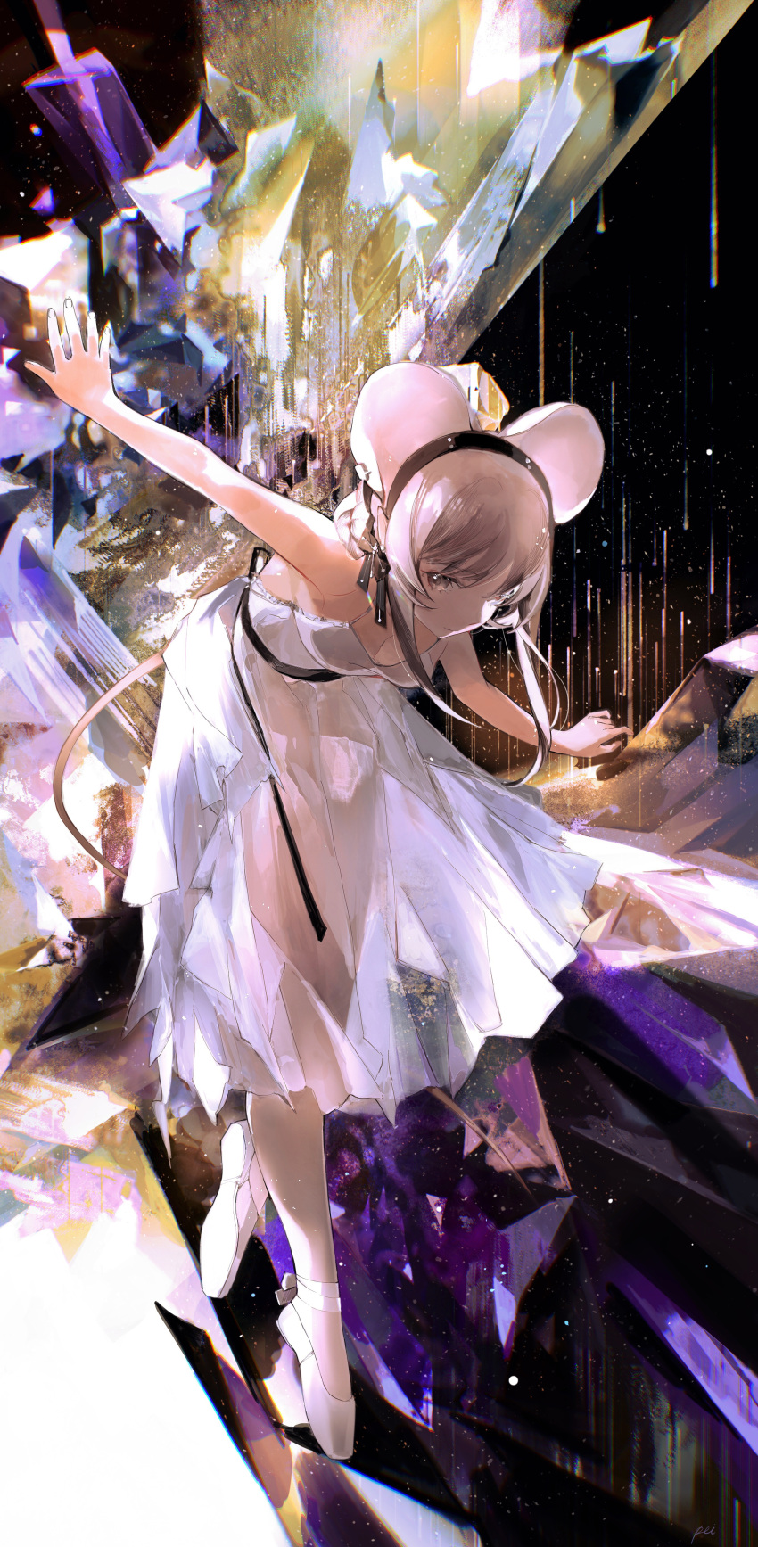 1girl abstract_background absurdres alternate_costume animal_ears arknights arm_up ballet_slippers bangs black_hair breasts cleavage closed_mouth commentary_request dress full_body grey_eyes grey_hair highres leaning_forward lin_(arknights) long_hair looking_at_viewer mouse_ears mouse_girl sleeveless sleeveless_dress solo tiptoes white_dress yonghu_pei_yezi