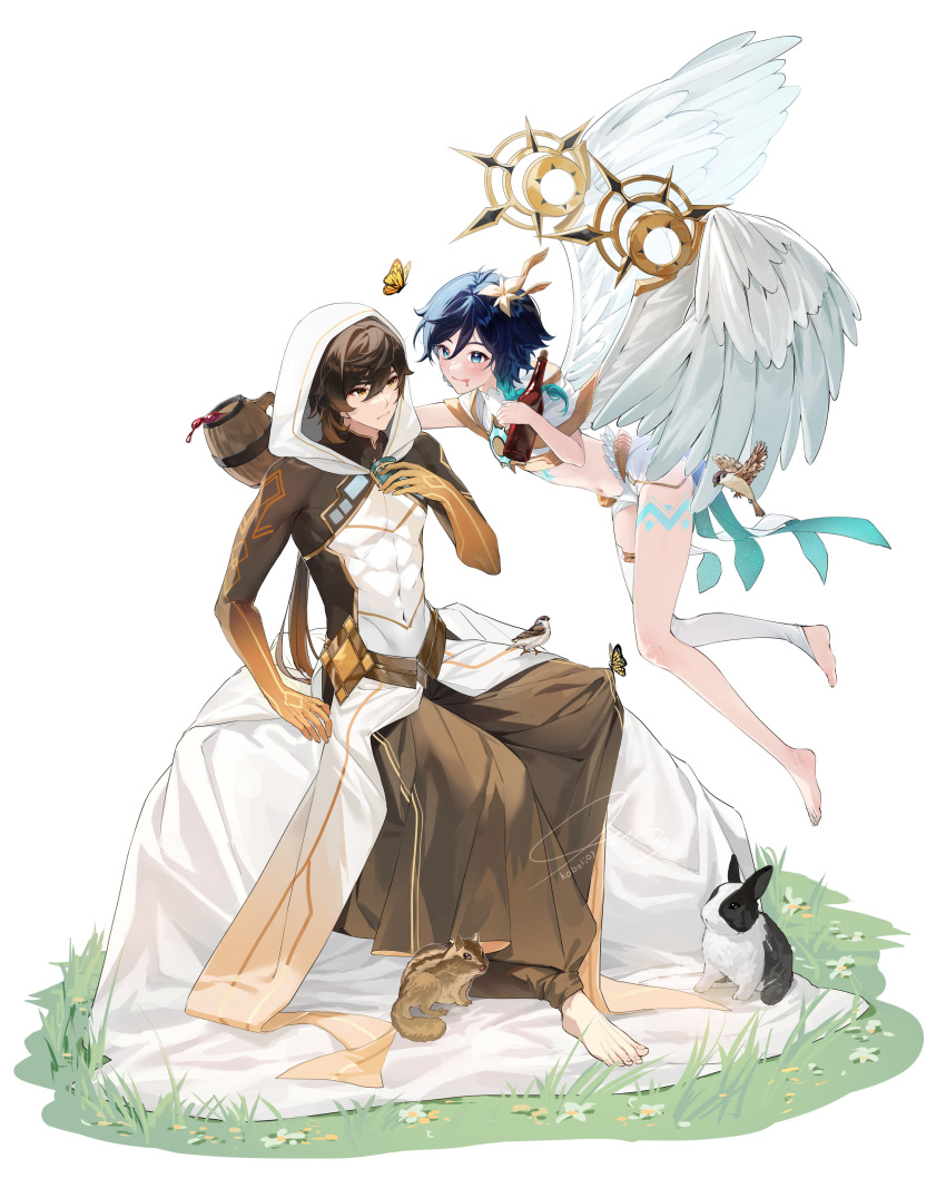 2boys absurdres arm_tattoo bangs barefoot black_hair blue_eyes blue_hair bottle braid brown_hair bug butterfly capelet commentary crop_top emoji feathered_wings flower full_body genshin_impact gold_trim gradient_hair hair_flower hair_ornament highres hood hood_up hooded_capelet hooded_coat kkopoli long_hair male_focus multicolored_hair multiple_boys official_alternate_costume orange_eyes ponytail rabbit saliva short_hair_with_long_locks shorts single_thighhigh sitting squirrel symbol-only_commentary tankard tattoo thighhighs toeless_legwear twin_braids venti_(archon)_(genshin_impact) venti_(genshin_impact) white_background white_flower white_shorts white_wings wine_bottle wings zhongli_(archon)_(genshin_impact) zhongli_(genshin_impact)