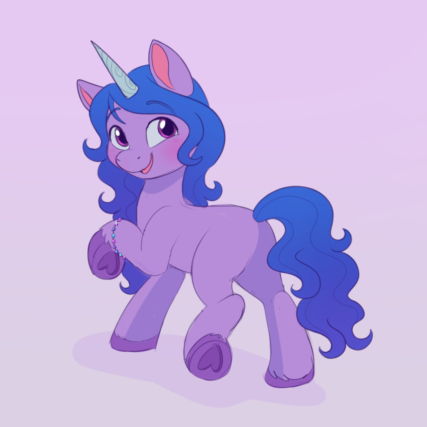 &lt;3 blue_hair blue_tail blush digital_media_(artwork) equid equine female feral fetlocks hair hasbro hi_res hooves horn izzy_moonbow_(mlp) malarkey_(artist) mammal mane mlp_g5 my_little_pony purple_body purple_eyes purple_hooves raised_hoof smile solo tail underhoof unicorn unicorn_horn