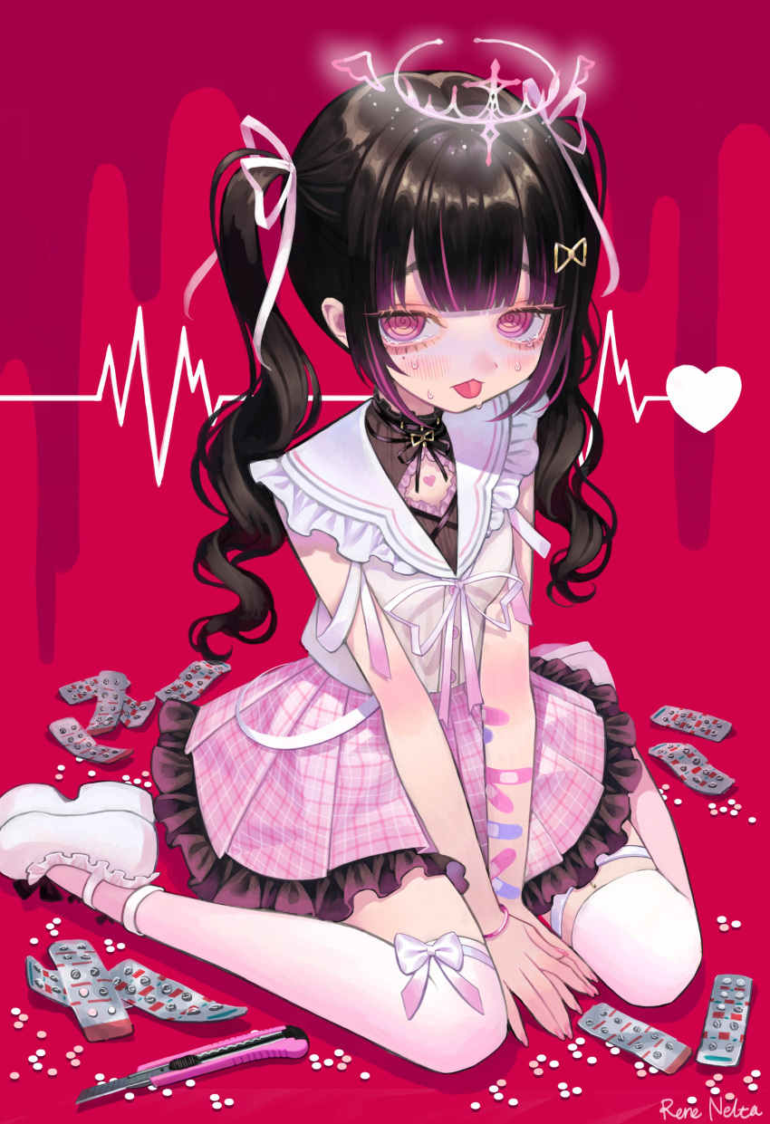 1girl absurdres bandaid bandaid_on_arm bangs birthmark black_hair blunt_bangs bow boxcutter bracelet breasts cleavage_cutout clothing_cutout collared_shirt commission english_commentary frilled_shirt_collar frilled_skirt frills hair_ribbon heart highres hime_cut himemiya_rie jewelry jirai_kei long_hair looking_at_viewer medicine multicolored_hair nelta_rene phase_connect pill pink_eyes pink_hair pink_skirt plaid plaid_skirt red_background ribbon ringed_eyes second-party_source shirt shoes sitting skeb_commission skirt sleeveless sleeveless_shirt small_breasts solo streaked_hair sweat thighhighs tongue tongue_out twintails twitter_username virtual_youtuber wariza white_bow white_footwear white_ribbon white_shirt white_thighhighs yami_kawaii