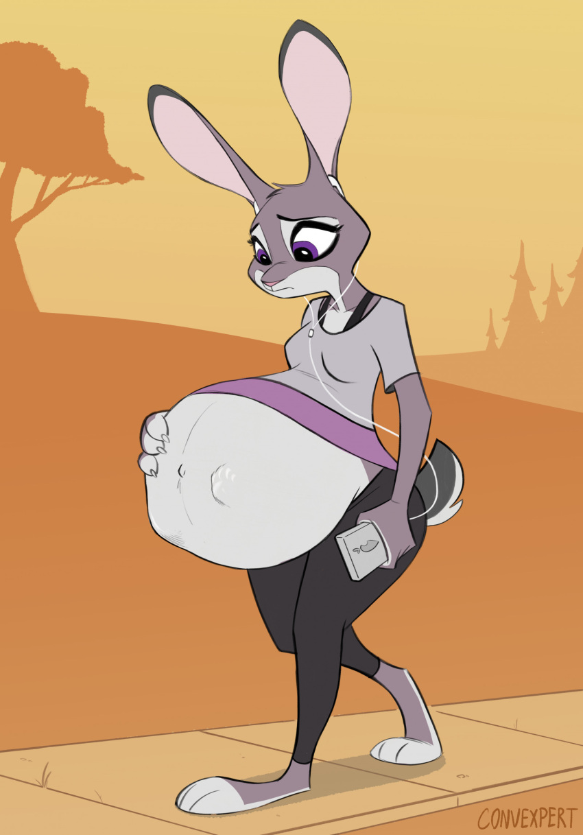 2023 anthro barefoot belly big_belly bottomwear claws clothed clothing convexpert disney ears_up feet female frown fur hand_on_stomach headphones hi_res judy_hopps kick lagomorph leporid looking_down mammal music_player navel outie_navel outside pants paws pregnant pregnant_female rabbit raised_clothing raised_shirt raised_topwear shirt signature solo topwear unborn_kicking walking wide_eyed zootopia