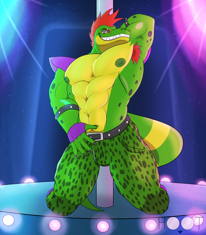 abs absurd_res alligator alligatorid anthro armpit_hair body_hair clothed clothing crocodilian dancing dg254 digital_media_(artwork) five_nights_at_freddy's five_nights_at_freddy's:_security_breach green_body hair hi_res humanoid male mohawk montgomery_gator_(fnaf) muscular muscular_anthro muscular_male nipples pecs pole pole_dancing red_hair reptile scalie scottgames solo teeth video_games