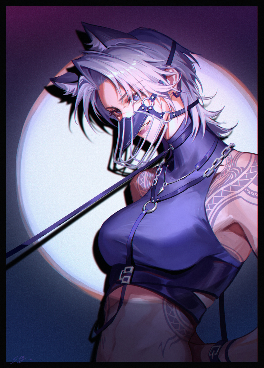 1girl absurdres animal_ear_fluff animal_ears arms_behind_back bare_shoulders belt black_border blue_eyes border chain collar crop_top earrings extra_ears eyelashes grey_hair grin highres jewelry kemonomimi_mode lccdi leash midriff multiple_belts muzzle o-ring path_to_nowhere photoshop_(medium) scar scar_on_face scar_on_nose shirt short_hair shoulder_tattoo sleeveless sleeveless_shirt smile solo stage_lights tattoo tight tight_shirt upper_body white_hair wolf_ears wolf_girl zouya_(path_to_nowhere)