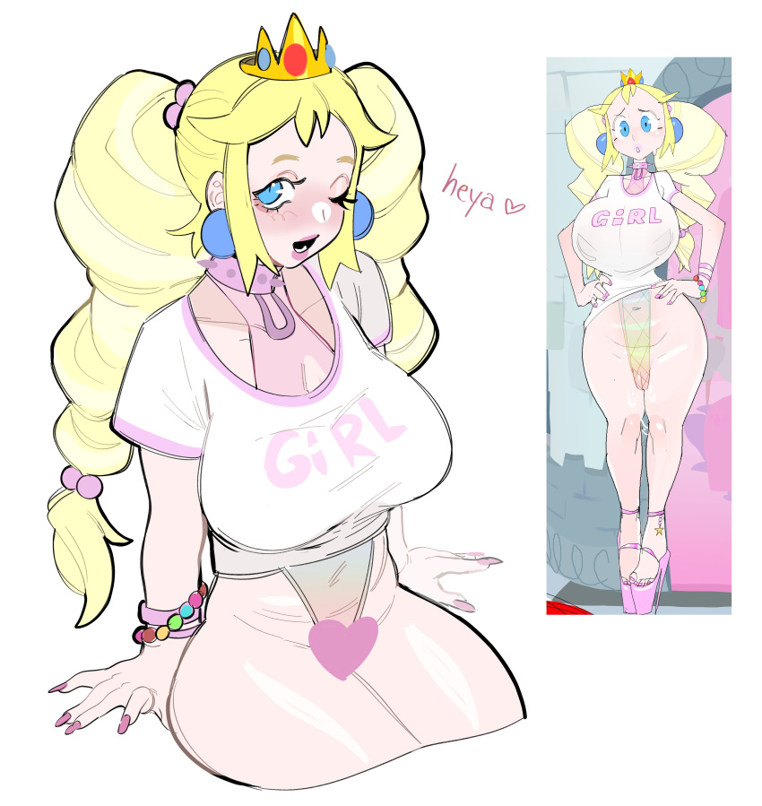 absurdres bimbo_peach blonde_hair blue_eyes blush borrowed_design bracelet breasts censored choker covered_navel cropped_legs crown earrings heart heart_censor highres invisible_chair jewelry large_breasts long_hair looking_at_viewer mario_(series) one_eye_closed open_mouth pink_nails porqueloin princess_peach print_shirt reference_inset shirt short_sleeves sitting smile twintails white_background white_shirt