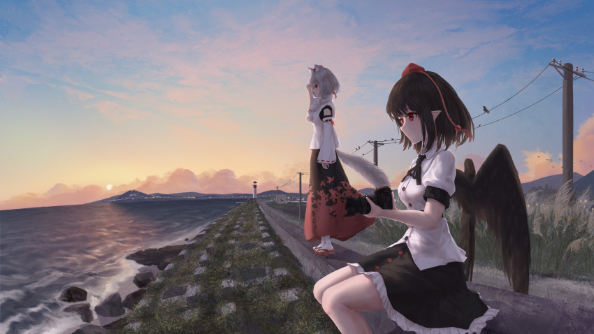 2girls absurdres animal_ears bird_wings black_hair black_skirt black_wings buttons camera cloud collared_shirt fasnakegod feathered_wings hat highres holding holding_camera inubashiri_momiji japanese_clothes multiple_girls pointy_ears pom_pom_(clothes) power_lines red_eyes red_headwear scenery shameimaru_aya shirt short_hair short_sleeves sitting skirt sky standing sun tail tokin_hat touhou utility_pole water white_hair white_shirt wings wolf_ears wolf_tail