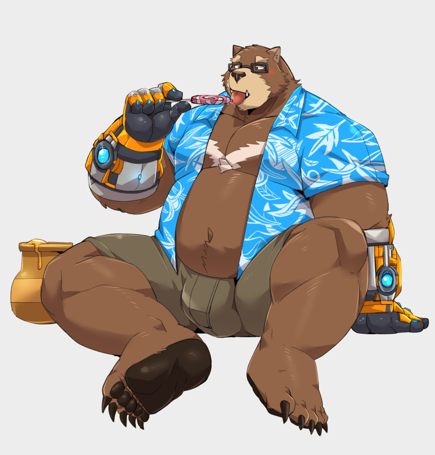 2023 absurd_res anthro bear bottomwear brown_body bulge candy clothed clothing dessert eyewear feet food glasses hi_res jumperbear kemono lollipop male mammal open_clothing open_shirt open_topwear overweight overweight_male shirt shorts sitting solo topwear
