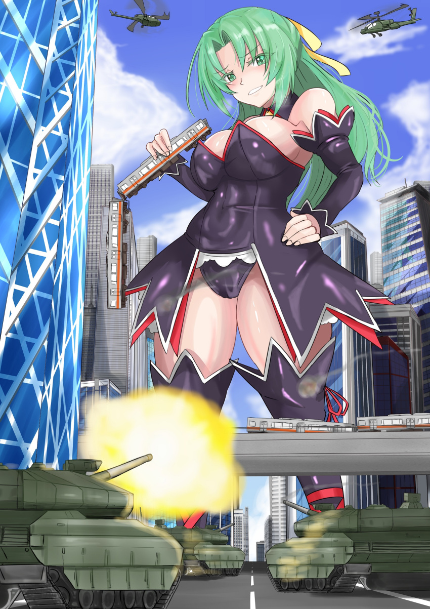 1girl absurdres aircraft angry black_panties breasts building commission destruction detached_sleeves giant giantess ground_vehicle helicopter highres higurashi_no_naku_koro_ni huge_breasts ken_(shutenndouji1) looking_at_viewer military military_vehicle motor_vehicle off_shoulder official_alternate_costume panties pixiv_commission smile sonozaki_shion standing tank teeth tight train underwear
