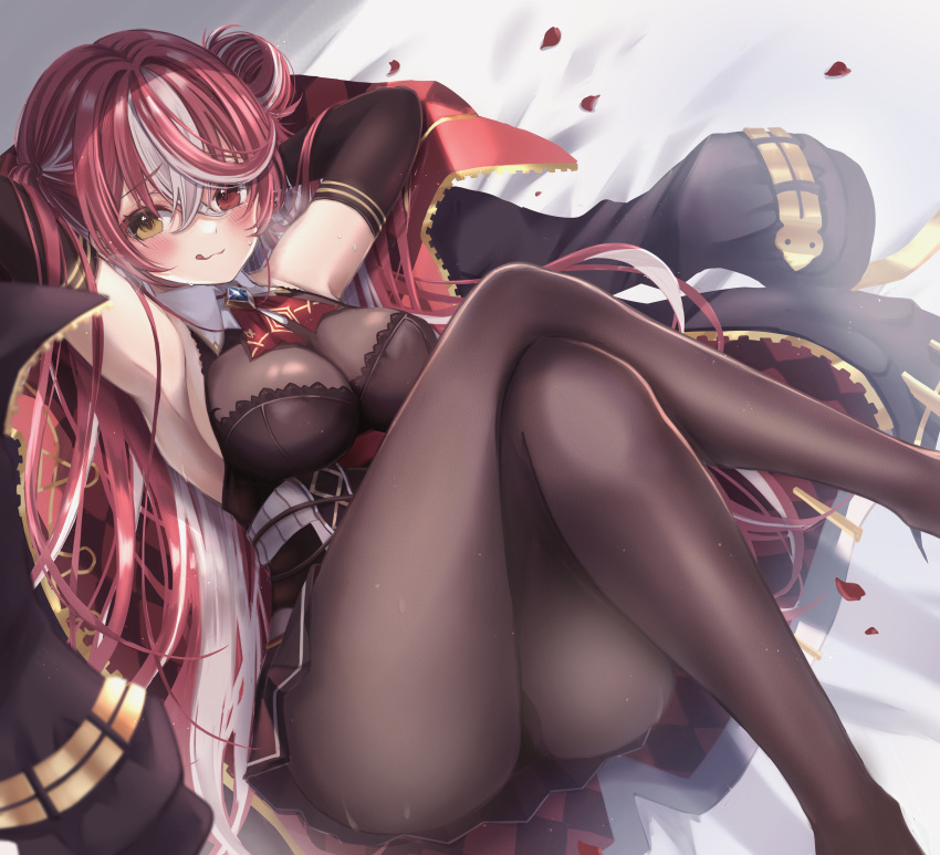 1girl :q absurdres armpits arms_up ascot bed_sheet black_pantyhose black_skirt blush botamochi_(botabutasan) breasts coat coat_removed crossed_legs elbow_gloves gloves grey_hair heterochromia highres hololive houshou_marine large_breasts licking_lips long_hair looking_at_viewer lying miniskirt multicolored_hair official_alternate_hair_length official_alternate_hairstyle on_back pantyhose pleated_skirt red_ascot red_eyes red_hair see-through_cleavage sidelocks skirt streaked_hair sweat thighs tongue tongue_out underbust upskirt virtual_youtuber yellow_eyes