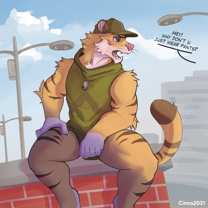 1:1 2021 annoyed anthro arm_tuft athletic athletic_anthro athletic_male biped blue_sky blush bottomless bottomless_anthro bottomless_male brick_wall cheek_tuft cinnahipster city clothed clothing cloud covering covering_crotch cross_(gabshiba) dipstick_tail elbow_tuft embarrassed english_text facial_tuft felid front_view fur furgonomics gloves_(marking) green_clothing green_hat green_headwear green_shirt green_topwear hat headgear headwear hi_res humor looking_aside male mammal markings multicolored_body multicolored_fur neck_tuft open_mouth orange_body orange_fur pantherine pink_nose sharp_teeth shirt shoulder_tuft sitting sitting_on_wall sky solo street_lamp striped_body striped_fur stripes tail tail_markings teeth text tiger topwear tuft two_tone_body two_tone_fur wall_(structure) whiskers white_body white_fur