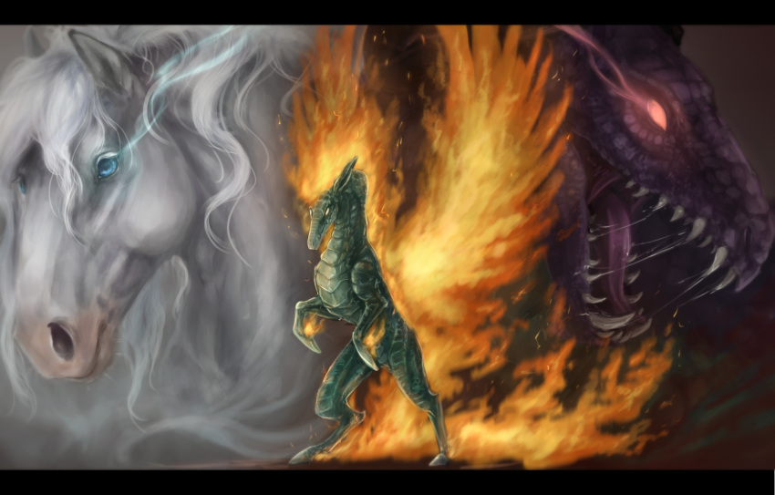 2018 antarija asian_mythology blue_eyes chinese_mythology digital_media_(artwork) digital_painting_(artwork) dragon duality east_asian_mythology equid equine female female_(lore) feral fire flaming_hair flaming_mane flaming_tail flaming_wings fur green_body green_scales group hair hi_res horse hybrid longma mammal mythology pseudo_hair pseudo_mane purple_body purple_scales realistic red_eyes scales sharp_teeth solo teeth them's_fightin'_herds tianhuo_(tfh) trio white_body white_fur white_hair wings