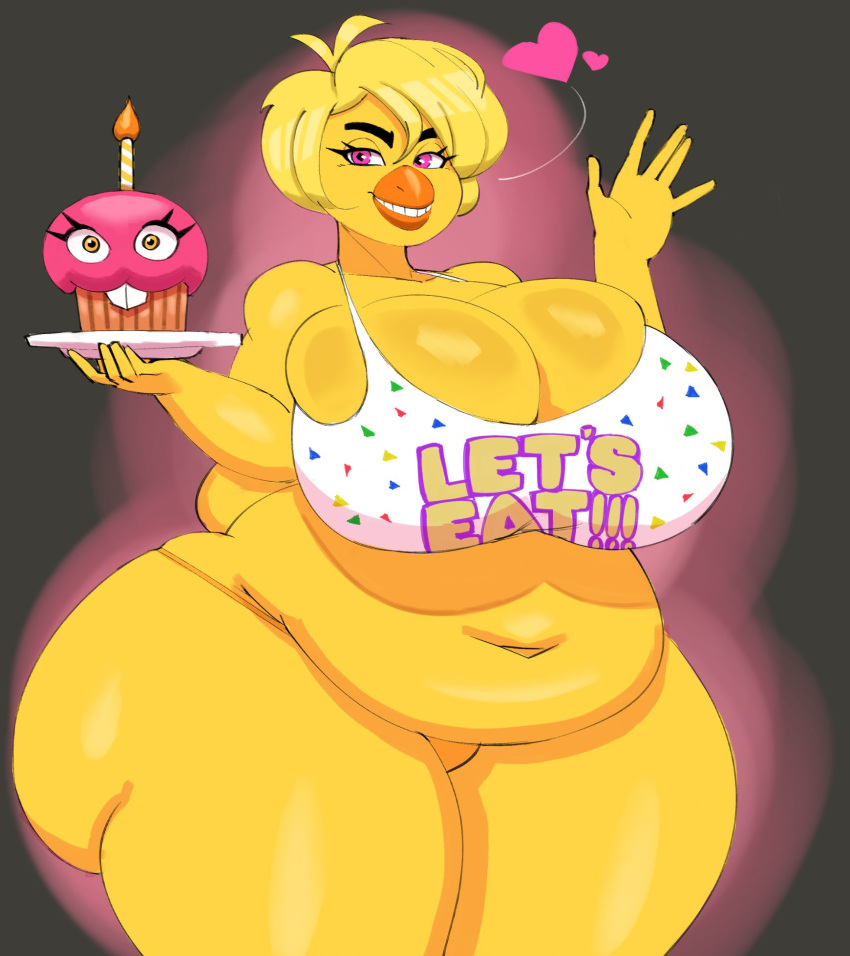 &lt;3 anthro avian beak belly big_breasts big_butt bird black_pupils blonde_hair breasts buckteeth butt chica_(fnaf) chicken cleavage clothed clothing cupcake_(fnaf) deep_navel english_text exclamation_point female five_nights_at_freddy's galliform gallus_(genus) geebie33 gesture hair half-closed_eyes hi_res holding_plate huge_breasts huge_butt huge_hips huge_thighs looking_at_viewer narrowed_eyes navel non-mammal_breasts orange_eyes overweight overweight_anthro overweight_female phasianid pink_eyes plate pupils scottgames shirt smile solo tank_top teeth text text_on_clothing text_on_shirt text_on_topwear thick_thighs topwear waving waving_at_viewer wide_hips yellow_body