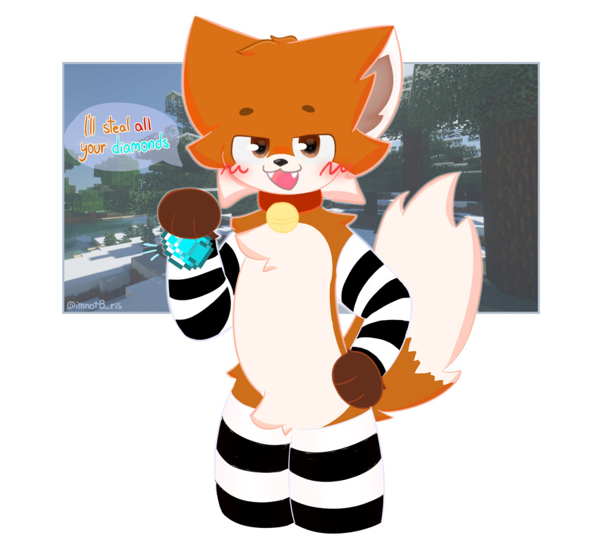 anthro arm_warmers armwear black_clothing black_stripes blue_text brown_body brown_fur canid canine clothing collar collar_bell diamond_(gem) fox fox_(minecraft) fur gem hi_res legwear male mammal microsoft minecraft mojang orange_body orange_fur orange_text red_collar red_text simple_background solo speech_bubble stripes text thigh_highs white_background white_body white_clothing white_fur white_stripes xbox_game_studios