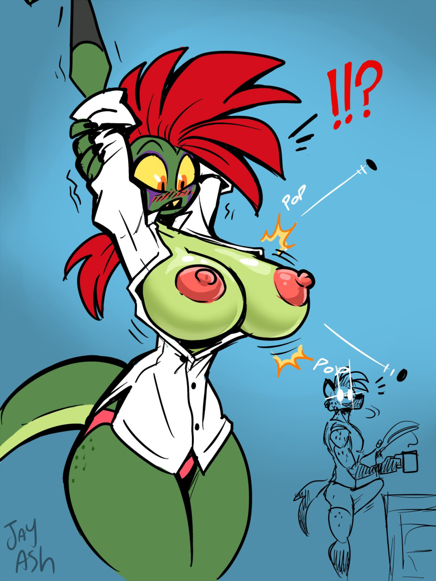 3:4 alternate_form anthro areola arm_warmers armwear ash_(g-h-) blue_background blush blush_lines breasts button_pop clothed clothing coffee_mug dress_shirt erection erection_under_clothing female freckles_on_butt gecko ghastlygh green_body green_scales hair hi_res hyena jay_(g-h-) lizard male mammal mohawk nipples open_mouth panties pink_areola pink_nipples red_hair red_mohawk reptile scales scalie sharp_teeth shirt simple_background solo_focus spotted_hyena stretching stretching_arms teeth topwear underwear wide_eyed yellow_sclera