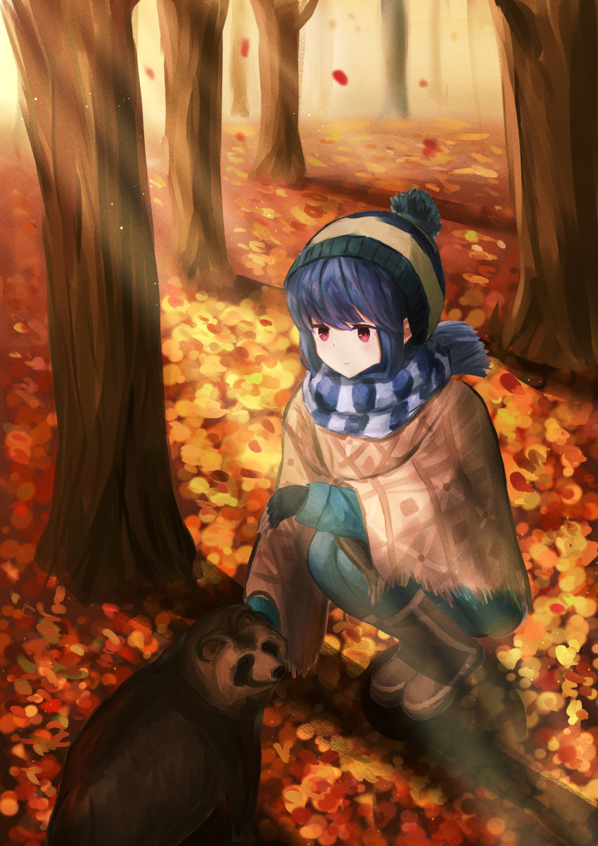 1girl absurdres autumn autumn_leaves bangs beanie black_gloves blue_hair blue_headwear blue_jacket blue_pants blue_scarf boots brown_footwear closed_mouth denim fingerless_gloves full_body gloves hat highres jacket jeans ky00 leaf long_sleeves maple_leaf outdoors pants poncho purple_eyes scarf shima_rin smile solo squatting striped striped_scarf tanuki tree yurucamp