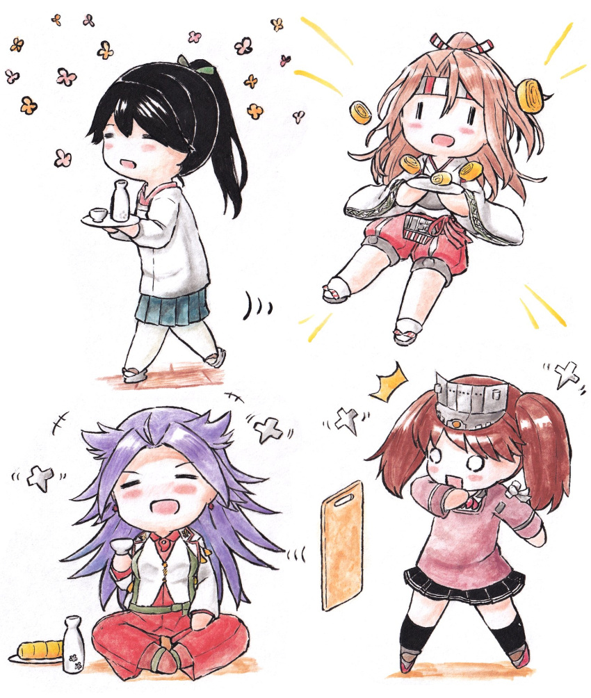 black_hair black_skirt blue_skirt brown_hair chibi cup cutting_board earrings food hachimaki hat headband highres holding holding_cup houshou_(kancolle) japanese_clothes jewelry jun'you_(kancolle) kantai_collection long_hair multiple_girls muneate o_o omelet open_mouth pantyhose pleated_skirt poipoi_purin ponytail purple_hair ryuujou_(kancolle) shikigami skirt spiked_hair tamagoyaki twintails visor_cap walking white_pantyhose wide_sleeves zuihou_(kancolle)