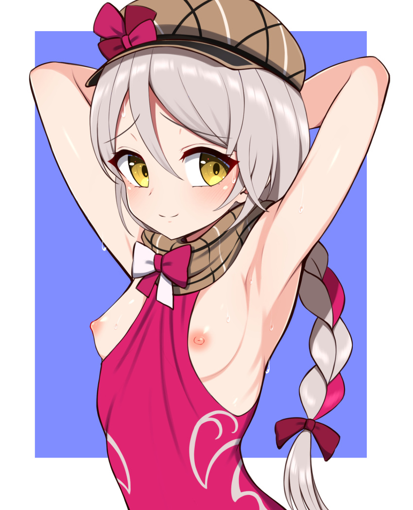 1girl armpits arms_behind_head arms_up bangs between_breasts blue_background blush border braid braided_ponytail breasts brown_scarf clothes_between_breasts commentary_request fire_emblem fire_emblem_engage framme_(fire_emblem) grey_hair hair_between_eyes hair_ribbon hat highres hondaranya looking_at_viewer medium_hair nipples outside_border paid_reward_available plaid plaid_scarf ribbon scarf simple_background small_breasts smile solo sweat upper_body white_border yellow_eyes