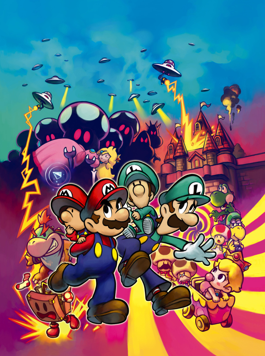 3girls 6+boys absurdres baby_luigi baby_mario baby_peach blonde_hair blue_overalls blue_sky boots bowser_jr. brothers brown_footwear brown_hair castle crown dress earrings facial_hair gloves green_headwear green_shirt hat highres jewelry kylie_koopa long_hair luigi mario mario_&amp;_luigi:_partners_in_time mario_&amp;_luigi_rpg mario_&amp;_luigi_rpg_(style) mario_(series) multiple_boys multiple_girls mustache official_art open_mouth overalls pacifier pink_dress princess_peach red_hair red_headwear red_shirt shirt short_hair shroob siblings sky stroller stuffwell suitcase super_mushroom toad_(mario) toadsworth toadsworth_the_younger ufo white_gloves yoshi