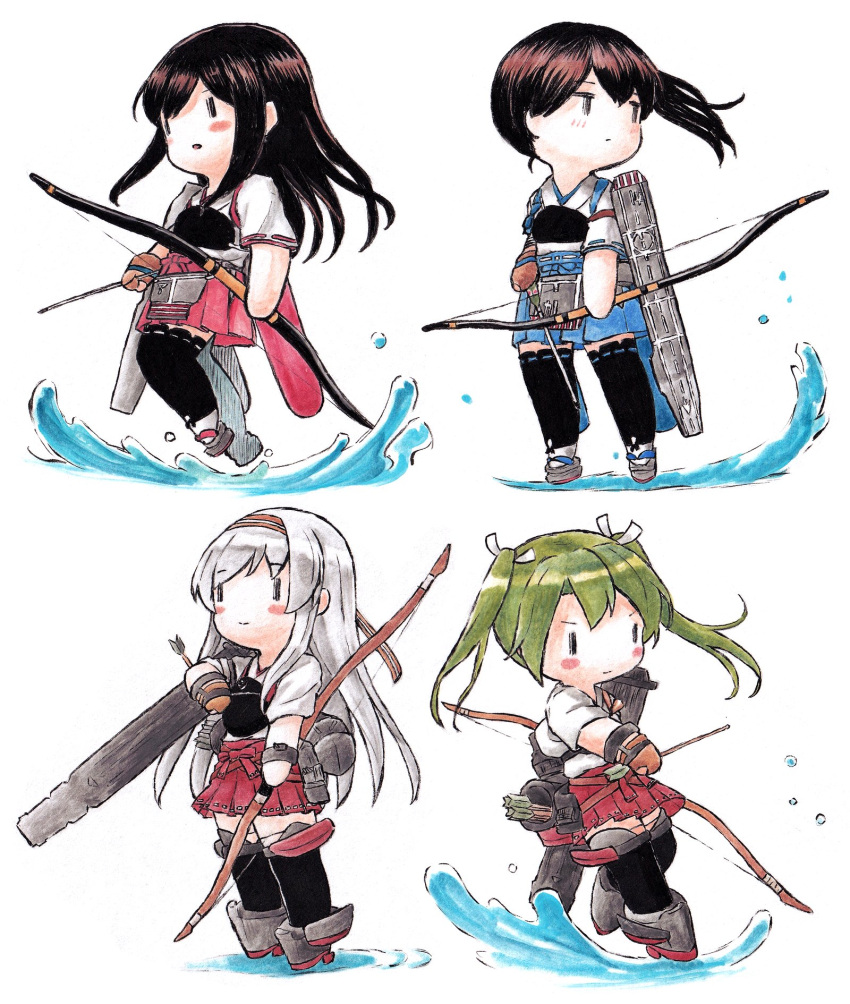 4girls akagi_(kancolle) arrow_(projectile) black_hair black_thighhighs blue_hakama bow_(weapon) brown_gloves chibi flight_deck gloves green_hair grey_hair hakama hakama_skirt headband highres holding holding_arrow holding_bow_(weapon) holding_weapon japanese_clothes kaga_(kancolle) kantai_collection long_hair multiple_girls muneate partially_fingerless_gloves poipoi_purin quiver red_hakama rigging shoukaku_(kancolle) side_ponytail simple_background single_glove skirt tasuki thighhighs twintails water weapon white_background yugake zuikaku_(kancolle)