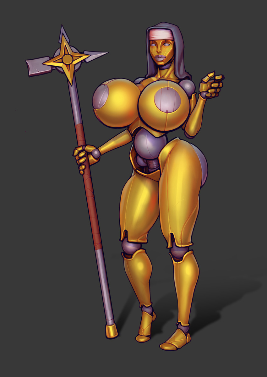 2022 android big_breasts boobsgames breasts female hi_res huge_breasts humanoid machine melee_weapon non-mammal_breasts not_furry nun robot robot_humanoid solo weapon yellow_body